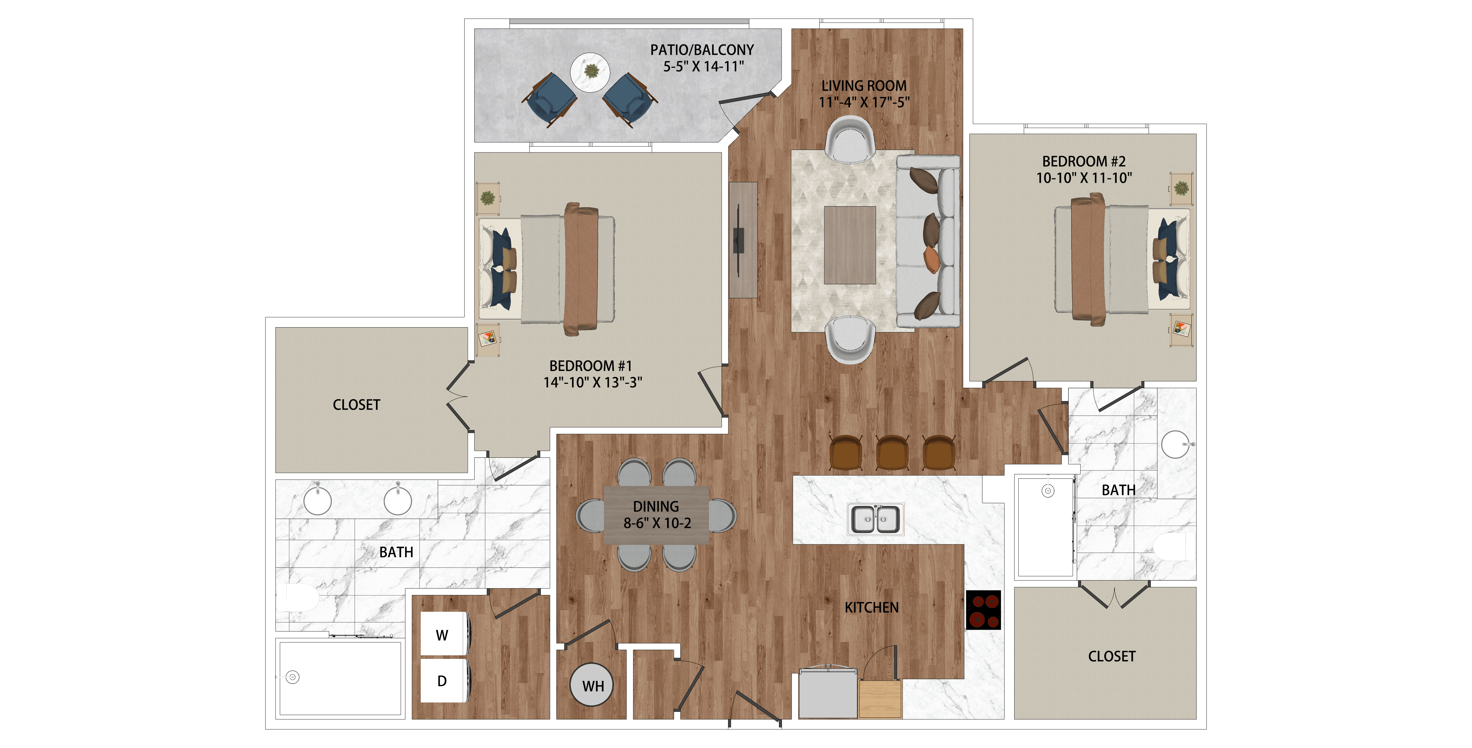 Floor plan for 2 beds, 2 baths, 1290 sqft